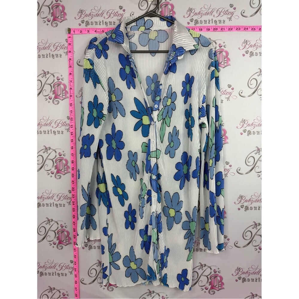 Mini dress or long shirt Floral Button-Front Long Sleeve Top - Blue Floral